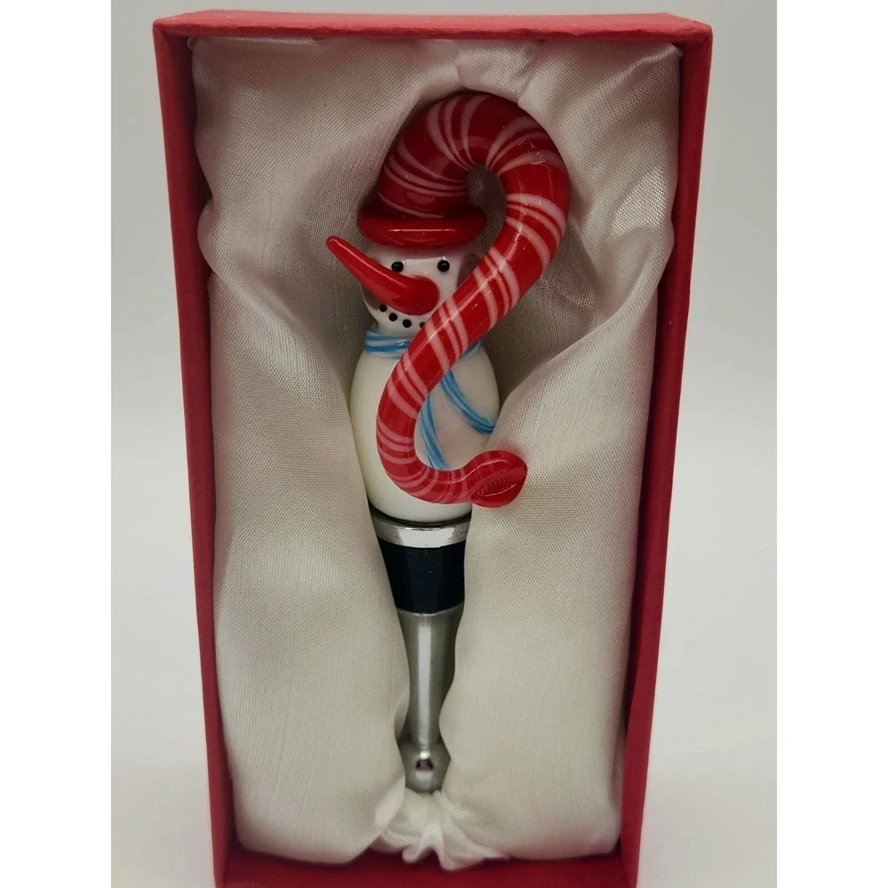 Snowman Art Glass Wine Bottle Stopper In Box Christmas Winter Large